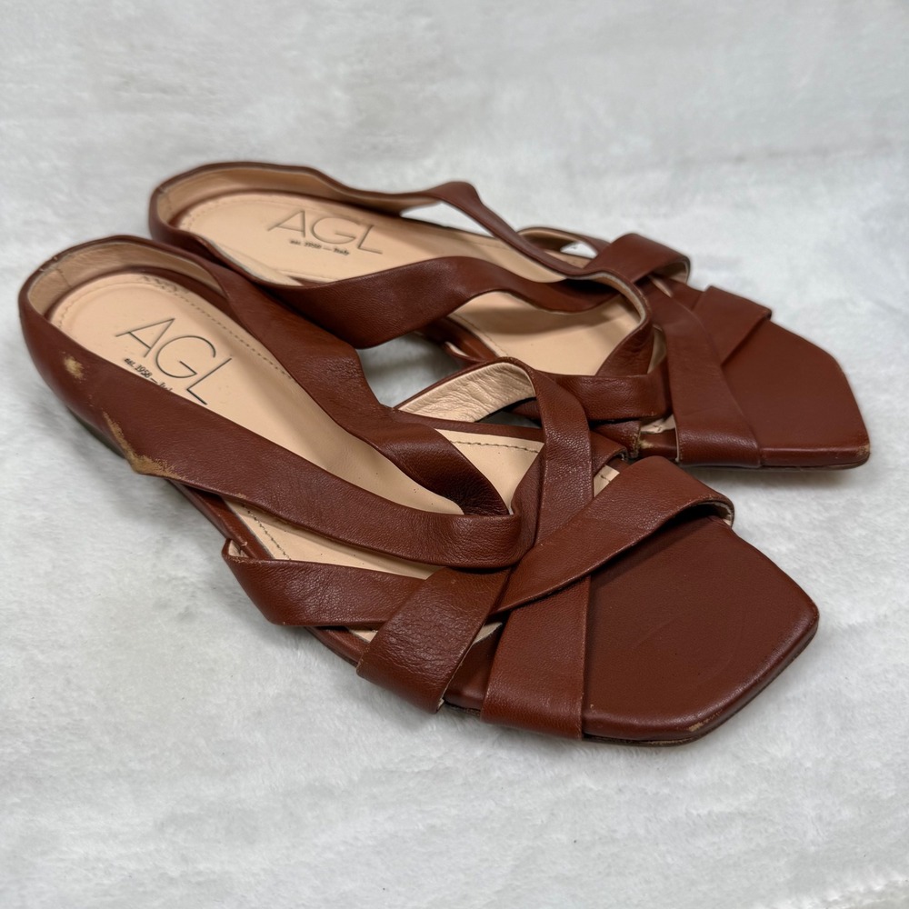 AGL Attilio Giusti Leombruni Leather Strappy Square Toe Slide Sandals Italy‎ 6.5